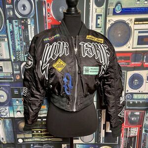 FIRST ROW Black Bomber Jacket Patchwork Cyber Tech Design Street Wear Medium
